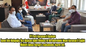 İYİ Parti Karaman İl Başkanı İsmet İlmi Hatipoğlu, İlçe Başkanı Aydın Ünlüsoy ve Beraberindeki Heyet Karaman İl Sağlık Müdürü Adnan Kurşun’u makamında ziyaret etti.